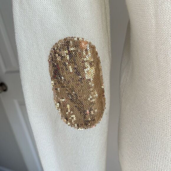 BANANA REPUBLIC Women’s Cream Sequined Elbow Patch Crewneck Sweater Size M - Picture 5 of 9